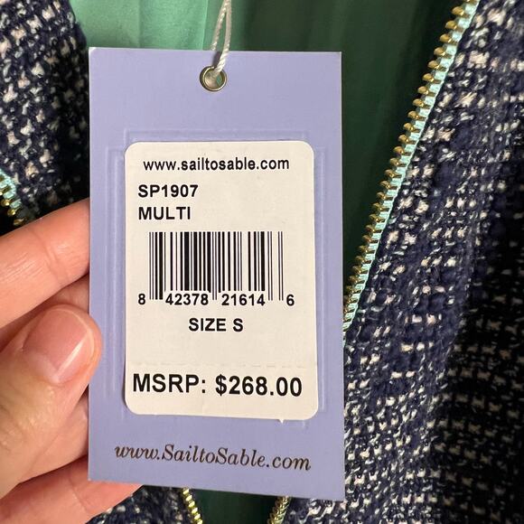 Sail to Sable Navy Blue Tweed Zip Up Bell Sleeve Jacket Size Small - Picture 8 of 9